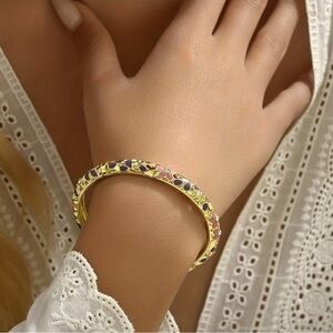 Gold Plated Enamel Floral Bangle Cuff Bracelet